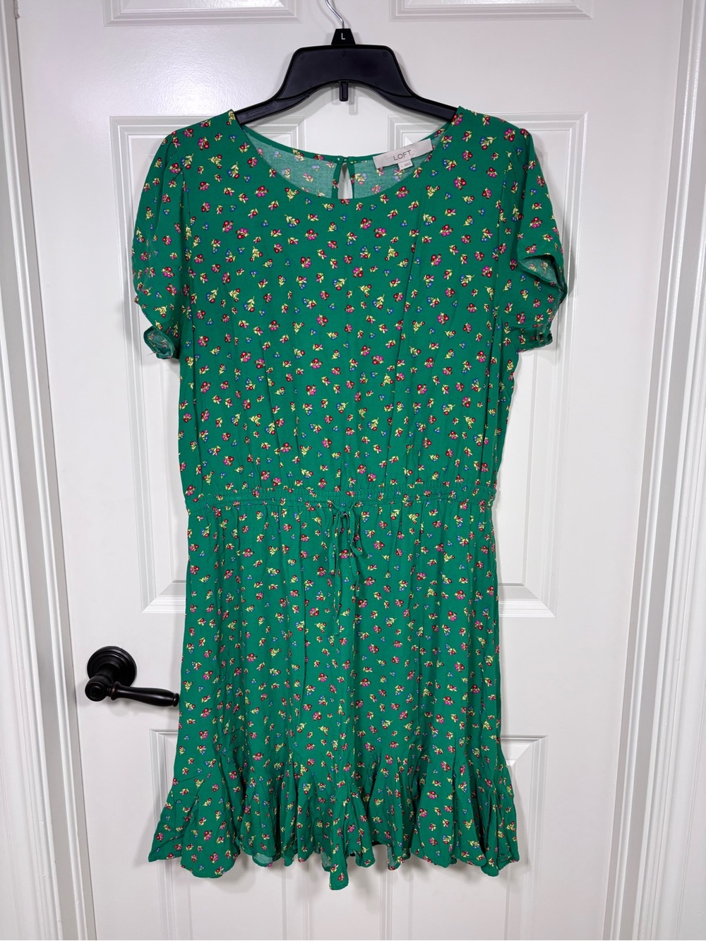 Loft Godet Drawstring Flared Short Sleeve Mini Dress Women’s L Green Floral